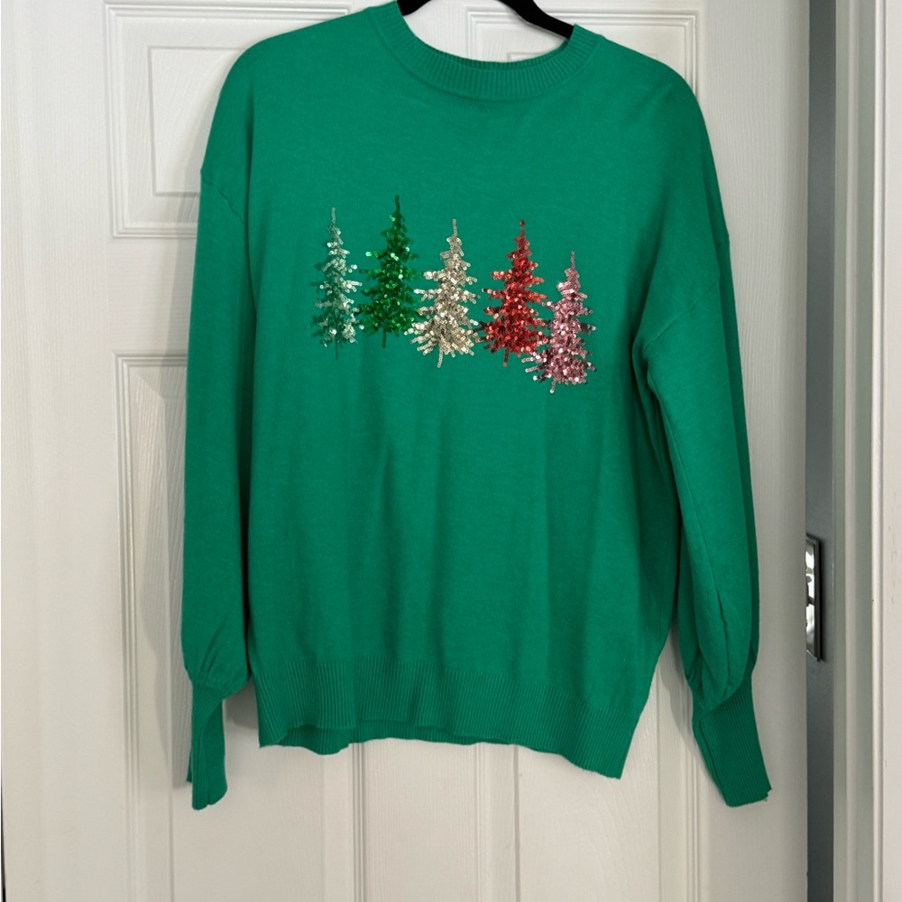 Vine & Love Green Sweater with Colorful Tree Embellishments